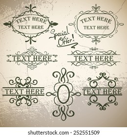 Calligraphic vintage elements on old paper green brown background 