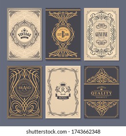 Calligraphic vintage floral cards collection, vector illustration