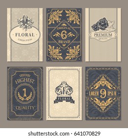 Calligraphic vintage floral cards collection, vector illustration