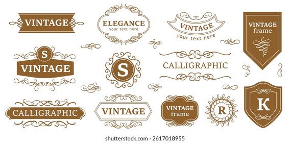 Calligraphic vintage logo. Ornamental ribbon banner, decorative calligraph monogram element, label with flourishes and swirls ornament frame, decorated wedding logos. Vector set.