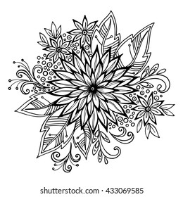 Calligraphic Vintage Pattern, Symbolic Flowers and Leafs, Abstract Floral Outline Ornament, Black Contours Isolated on White Background. Vector