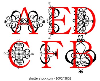 Calligraphic Vintage Red A, B, C, D, E, F Isolated Letters on White Background, Old Decor, Vector Version