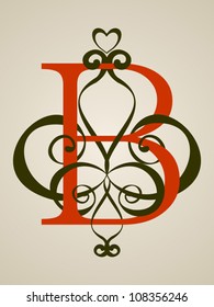Calligraphic Vintage Red B letter on Light Brown Background, Old Decor, Vector Version