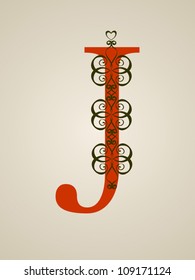 Calligraphic Vintage Red H letter on Light Brown Background, Old Decor, Vector Version