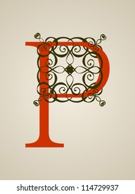 Calligraphic Vintage Red  Isolated P Letter on Light Brown Background, Old Decor, Vector Illustration