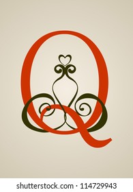 Calligraphic Vintage Red  Isolated Q Letter on Light Brown Background, Old Decor, Vector Illustration