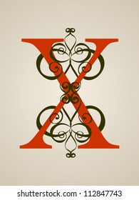 Calligraphic Vintage Red  Isolated X Letter on Light Brown Background, Old Decor, Vector Illustration