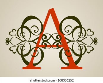 Calligraphic Vintage Red A letter on Light Brown Background, Old Decor, Vector Version