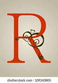 Calligraphic Vintage Red R Isolated Letter on Light Brown Background, Old Decor, Vector Version