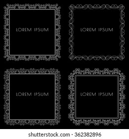 Calligraphic white vintage frames on black background. Vector illustration