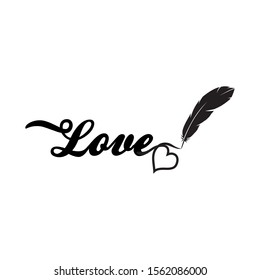 Calligraphic word love with heart and feather quill pen, vector