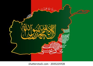 Calligraphic writing of Taliban Shahada Islamic Republic of Afghanistan on an outline map. Map on the background of the flag of Afghanistan.
