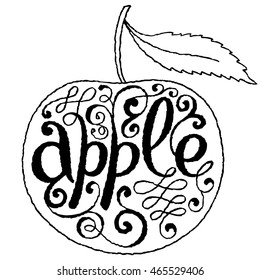 Calligraphical Inscription "Apple". Hand drawn Fruit Label with Swirl, Curl and Crunge Effect.