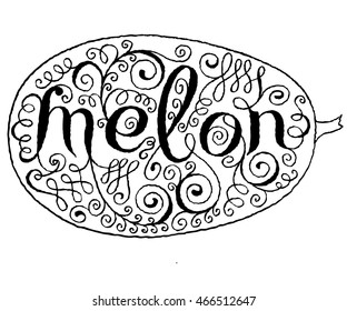 Calligraphical Lettering  Melon. Hand drawn Fruit Label with Swirl, Curl and Crunge Effect.