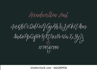 Calligraphiy alphabet. Handwritten abc. Uppercase, lowercase, numbers. Hand lettering font for your design: wedding calligraphy, logo, slogan, window decor, postcard, greeting card, invitation, poster