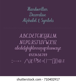 Calligraphiy alphabet. Handwritten abc. Uppercase, lowercase, numbers. Hand lettering font for your design: wedding calligraphy, logo, slogan, window decor, postcard, greeting card, invitation, poster