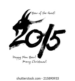 Calligraphy 2015 Happy New Year sign with goat  isolated on white background. Vector illustration.