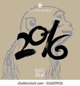 Calligraphy 2016 Happy New Year sign card with Monkey isolated on white background. Vector illustration.
