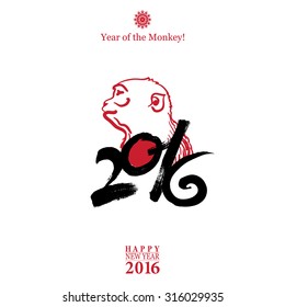 Calligraphy 2016 Happy New Year sign card with Monkey isolated on white background. Vector illustration.