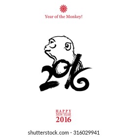 Calligraphy 2016 Happy New Year sign card with Monkey isolated on white background. Vector illustration.