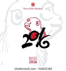 Calligraphy 2016 Happy New Year sign card with Monkey isolated on white background. Vector illustration. 