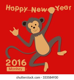 Calligraphy 2016 Happy New Year sign card with Monkey on red background. Vector illustration