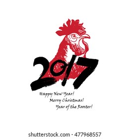 Calligraphy 2017 Happy New Year sign card with Rooster.
Vector illustration.