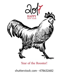 Calligraphy 2017 Happy New Year sign card with Rooster.
Vector illustration
