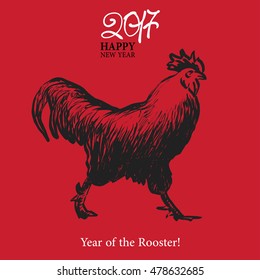 Calligraphy 2017 Happy New Year sign card with Rooster.
Vector illustration