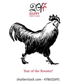 Calligraphy 2017 Happy New Year sign card with Rooster.
Vector illustration
