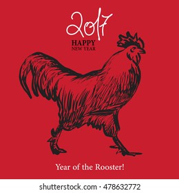 Calligraphy 2017 Happy New Year sign card with Rooster.
Vector illustration