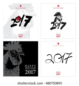 Calligraphy 2017 Happy New Year sign cards set with rooster isolated on white background. Vector illustration