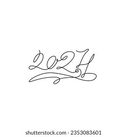 Calligraphy 2024 year sign lettering. 2024 inscription, two thousand twenty four continuous line drawing, calendar design postcard banner, single line on white background, vector line art.