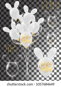 Calligraphy with Abstract Balloons Bunny Ears, Happy Easter background holiday celebration poster design. Vector illustration