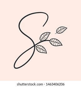 Calligraphy alphabet. Decorative handwritten font. Vector letter S decorated with leaves, florals. Wedding calligraphy. ABC for your design. Floral lettering. Monogram, Logo Branding