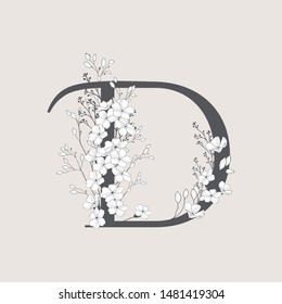 Calligraphy alphabet. Decorative script font. Vector letter D decorated with leaves, florals. Wedding calligraphy. ABC for your design. Floral lettering. Monogram, Logo Branding