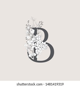 Calligraphy alphabet. Decorative script font. Vector letter B decorated with leaves, florals. Wedding calligraphy. ABC for your design. Floral lettering. Monogram, Logo Branding