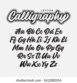 Calligraphy alphabet, lettering handwritten font letters on white background.