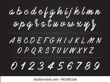 Calligraphy alphabet set design. Vector letters and numbers. Handwritten brush font set