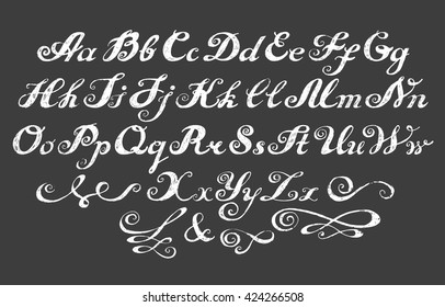 Calligraphy alphabet typeset lettering. Hand drawn alphabet. Capital and lower-case letters. Copy-book hand font. Hand drawn sketch of ABC letters in old fashion vintage style. Calligraphy letters set