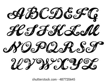 Calligraphy alphabet typeset lettering. Hand drawn alphabet. Capital and lower-case letters. Copy-book hand font. Hand drawn sketch of ABC letters in old fashion vintage style. Calligraphy letters set