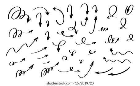 Calligraphy arrow with swirls set. Iconographic hand drawn doodle pointers for educational text book decoration. Black spiral, curve and wavy icon elements on white background.