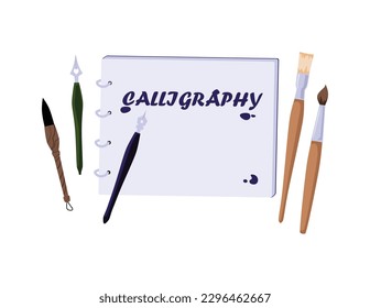 Calligraphy art banner design with sketchbook and brushes, flat vector illustration isolated on white background. Calligraphy and handwriting lettering banner.
