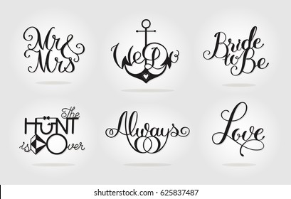 Calligraphy Art Cuttable Designs. Set of unique monochrome wedding signs for sweetheart table. A picture is suitable for printing, engraving, laser cutting paper, wood, metal, stencil manufacturing. 