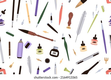 Calligraphy art supplies pattern. Seamless background with dip pens, ink, brushes, quill, lettering tools repeating print. Endless texture for wrapping. Colored flat graphic vector illustration