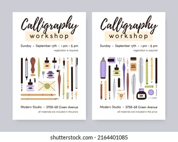 Calligraphy art workshop ad cards templates. Vertical promo backgrounds with lettering craft supplies. Handwriting class promotion flyers designs with tools. Colored flat vector illustration