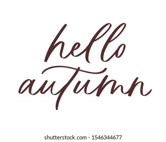 Calligraphy autumn quote - hello autumn.  Decorative seasonal phrase hand lettering. Fall handwritten slogan. Vector illustration for t-shirt, print, card, poster, greeting card