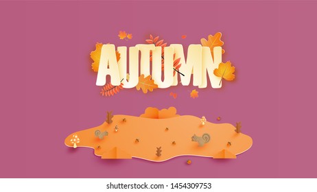 Calligraphy with autumn season and leaf in paper cut style. Design for poster, flyer, brochure, banner, cover, wallpaper, advertising template.