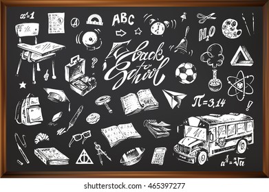 Calligraphy - Back to school. Sketch icons of school subjects. Isolated vector. Black chalk board