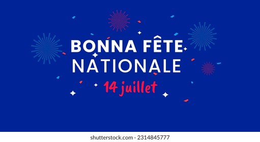 Calligraphy Bonne Fete Nationale, french translation of Happy National day. Bastille Day design. 14th July hand lettering for greeting card, poster etc. Vector three color background of France flag.
